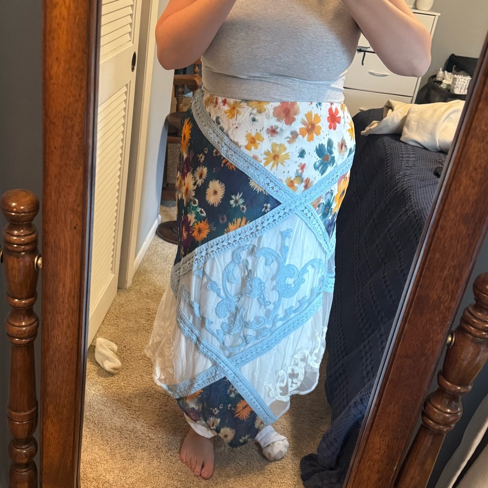 Anthropologie Mixed Floral & Lace Maxi Skirt — Blue, White & Yellow